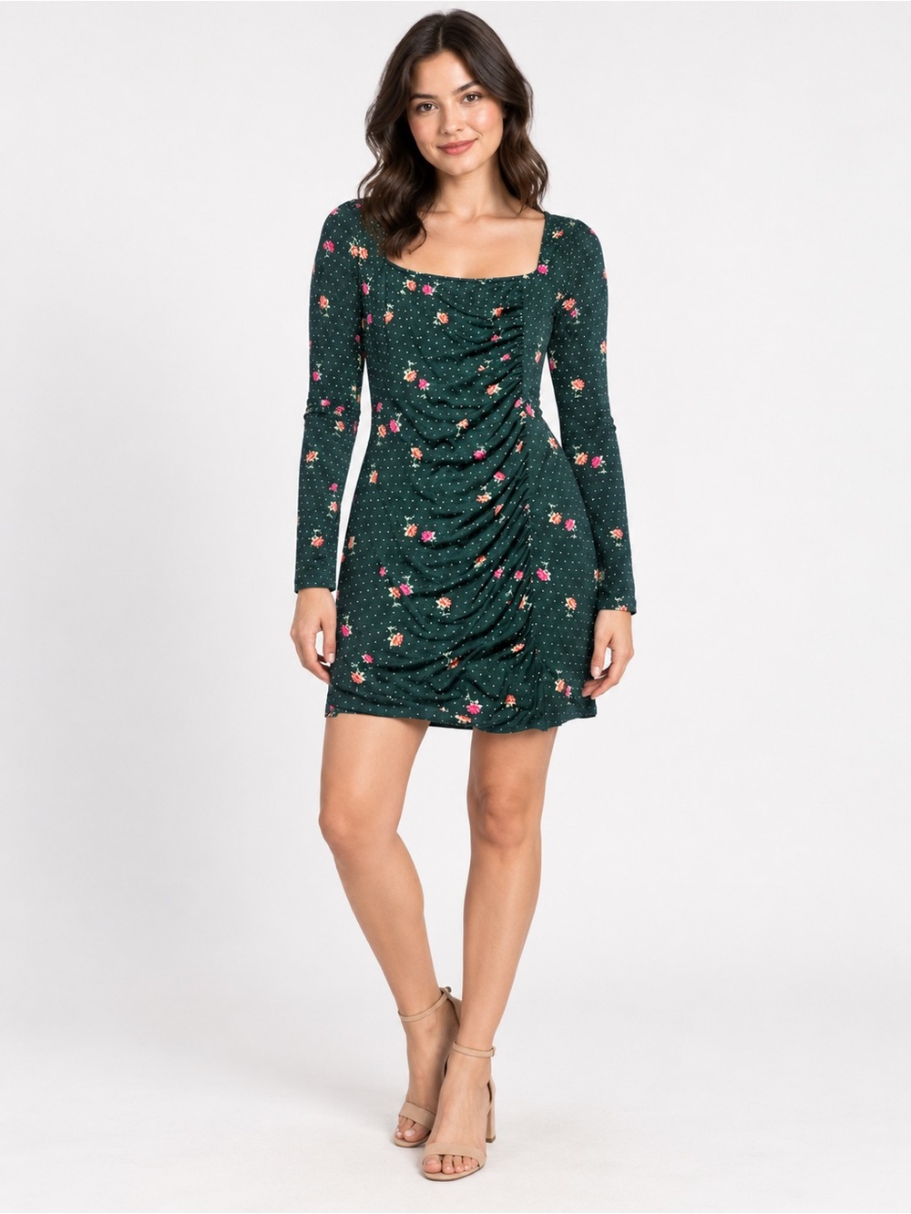 Free People Celia Mini Dress M Emerald Green Floral Ruched Square Neck